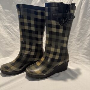 Clarks Plaid Waterproof Knee High Wedge Boots Buckle Pull On Round Toe US 7